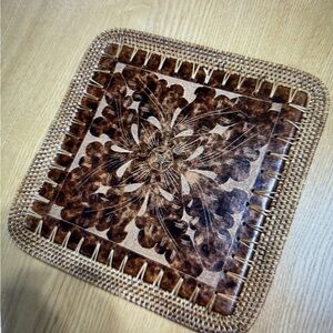 Indonesian Sasak pottery Decorative Tamarind Trivet W/Wicker Trim/Pier One